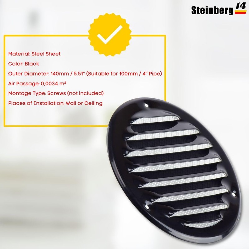 Steinberg14 Black Vent Cover 4" (Duct Opening) with Mesh -