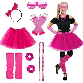Joizomou Girls 80s Outfit Costume Accessories 7pcs 70s 1980s 90s Costumes with Pink Tutu Neon Leg Warmers 80s Neon Scrunchies Gloves Necklace Glass for Cosplay Theme Party