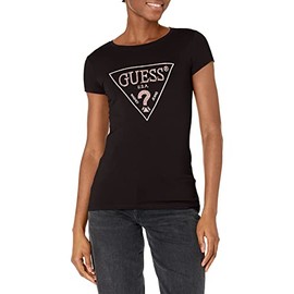 GUESS Women's Short Sleeve Embellished Logo R3 Tee, Jet Black, Extra Large