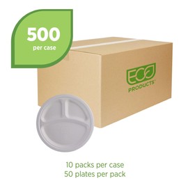 Eco-Products Vanguard Disposable Round Sugarcane Plate, No PFAS Added, Eco-Friendly, Compostable, Grease and Cut Resistant, Microwave Safe, 10" 3 Compartment Diameter, Case of 500