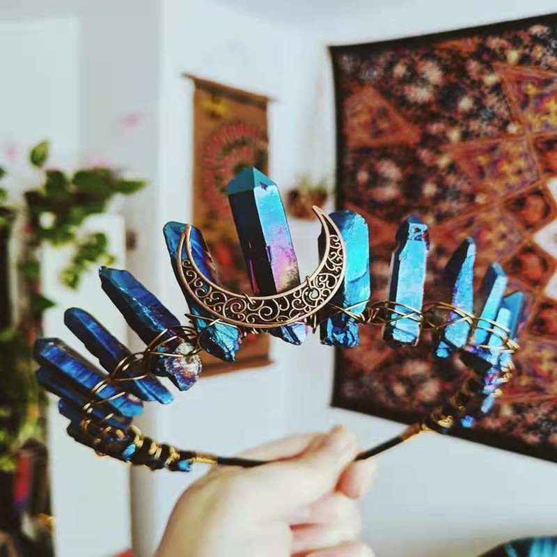 Women's Raw Crystal Crown Headband Boho Quartz Moon Goddess Headpiece