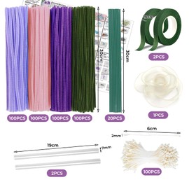 Barlone Pfeifenreiniger Blumenset zum Basteln, 400 Stück in 4 Farben zum Basteln Pfeifenreiniger Blumen mit Blumendraht, Kreppband, Klebestifte, Bänder, Blumen Staubblatt für Blumenstrauß DIY