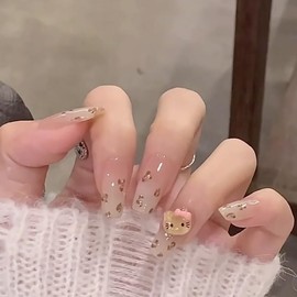 Handmade Nail Tip, Kitty Kitty 3D, Korea, Popular, Strawberry, 5d Nail Art, False Nail Design, 24 Pieces, Popular, Cute, Simple, Fashion, For Parties, Daily Life, Bride Nails, Glossy False Nails
