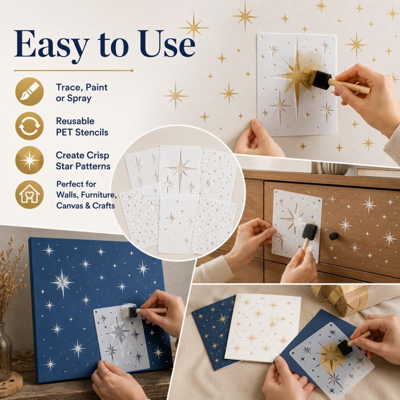 QIHAWN 6Pcs PET Star Stencils, 20x15cm Reusable Painting Templates