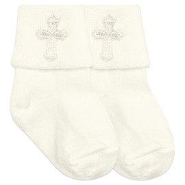 Jefferies Socks Baby Boys Girls Christening Baptism Cross Turn Cuff Socks 1 Pair Pack (Infant - USA Shoe 1-4 - 3-12 Months, Pearl White)