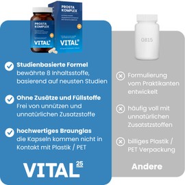 Prosta Komplex Kapseln im Braunglas - hochdosiert mit Sägepalmenextrakt, Brennnessel, Kürbiskern, OPC, Lycopin, Vitamin E, Zink, Selen - laborgeprüft und vegan - 120 Kapseln für 2 Monate von Vital25®
