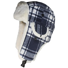 Best Winter Hats Big Kids Quality Madras Plaid Russian/Trapper Hat W/Faux Fur - Navy