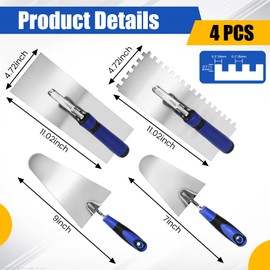 Lasnten 4 Pcs Concrete Trowel Masonry Tool Set High Carbon Steel Plastering Bricklaying Tools Includes Flat and Notched Trowels, 6'' and 9'' Brick Trowels with Soft Grip Handle for Drywall Tile