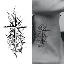 Oottati 2 Sheets Thorn Rose Compass Small Tiny Temporary Tattoos for Adults Men Women, Gothic Sketch Fake Tattoo Stickers, Waterproof Long Lasting Body Art for Arm Chest