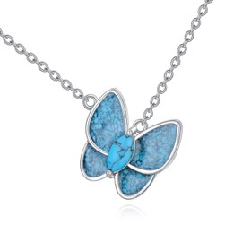 Zeltryn 925 Sterling Silver Butterfly Genuine Turquoise Pendant Necklace Crushed Turquoise Necklace Vintage Boho Necklace Victorian Style Jewelry Gifts for Women