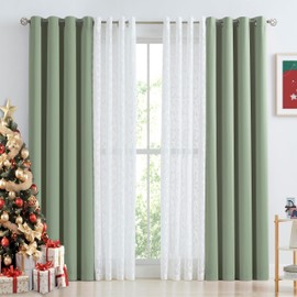 Jubilantex Mix Matched Curtain Set Green Solid Blackout Curtains & Leaf Sheer Lace Set for Bedroom Darkening Window Treatment Set for Living Room,Grommet Top,52" Wx95 L,Green & White