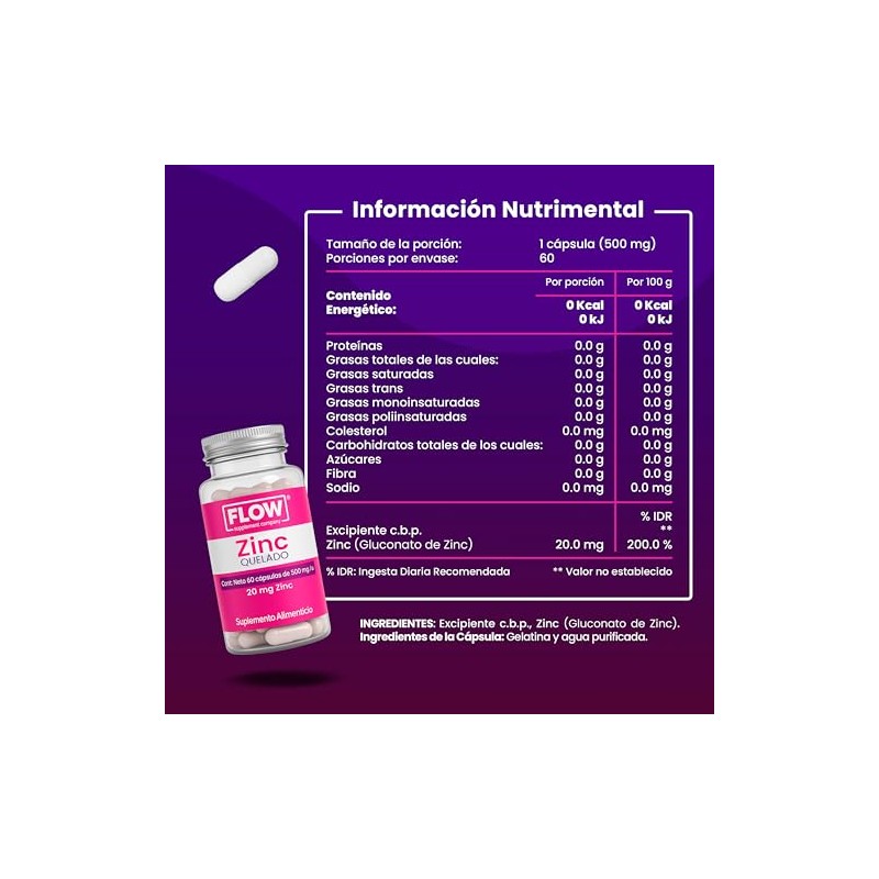 Flow Supplements | Zinc 20 mg –Zinc Quelado – 60