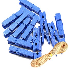 Topxome 100pcs Mini Clothes Pins Natural Wooden Small Clothespin Mini Photo Clips Picture Collage Holder with Jute Twine (Blue)