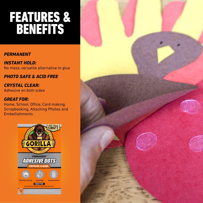 Gorilla Permanent Adhesive Dots, Double-Sided, Clear, 0.5" Diameter, 150 Pieces