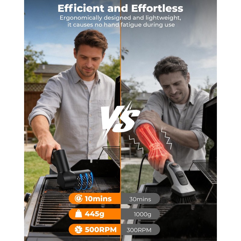 Electric Grill Brush, 3-Speed Cordless High-Speed Motor BBQ Grill Cleaner