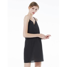 BEAUTELICATE Women Strappy V-Neck Short Full Slip 101% Cool Cotton Underdress Underskirt Petticoat Summer Straight Spaghetti Strap Nightdress Nghtie Chemise Black, M