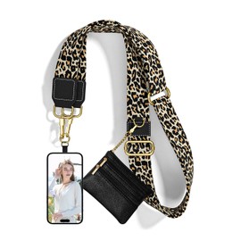 Nipichsha Crossbody Phone Strap with Wallet, Clip and Go Strap for Phone with Wallet, Adjustable Crossbody Cell Belt with Zippered Pouch, Neck Shoulder Cell Lanyard for Women, Black Leopard