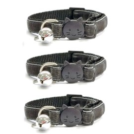 Velvet Cat Collars with Bell. Safe Breakaway Quick Release Buckle. Available in Cat & Kitten Size (Pack of 3) (Cat Collar (20cm - 30cm), Dark Grey Velvet (Pack of 3))
