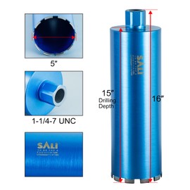 SALI Wet Diamond Core Drill Bits 5"/127mm Diameter, 15"/380mm Drilling Depth Concrete Core Drill Bit, 1-1/4-7" Thread Core Bit Turbo Laser-Welded Segments with Rebar, Brick, Block, Masonry, Stone