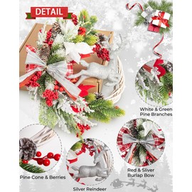 Silver Christmas Door Wreath 17-21" with Hook, Artificial White Winter Wreath with Red Plaid Bow Snowy Branches Reindeer for Front Door, Flocked Christmas Wreaths for Windows Wall Outdoor Décor