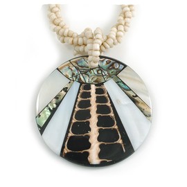 Avalaya Round Shell Pendant with 'Many Roads' Motif Antique White Glass Bead Twisted Rope Necklace in Beige/Black/Abalone Colours - 44cm L/ 50mm Diameter