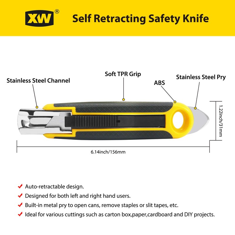 XW Self Retracting Safety Utility Knife, Auto Retractable Box Cutter