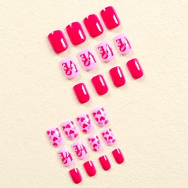 Short Press on Nails Valentines Fake Nails, Glue on Nails Short False Nails with Red Heart Press on Nails Love Designs Acrylic Valentines Nails Press on Artificial Nails Stick on Nails For Women 24Pcs