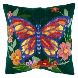 Trimits Half Stitch Cross Stitch Cushion Kit, Cushion Back Included, Pre Printed Canvas, Yarn and Needle Included 40 x 40cm (15.75 x 15.75in), Flutterby
