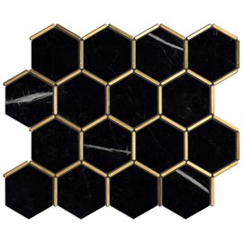 TNNGG-06 3" Honeycomb Hexagon Black and Gold Polished Marble Mosaic Tile Backsplash 1 Sheet