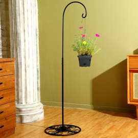 Blulu 34-55 Inch Adjustable Black Iron Shepherd Hook with Base Indoor Outdoor Bird Feeder Stand Wind Chime Stand Hanging Plant Flower Basket for Garden Plants Weddings Event Cute Home Decor