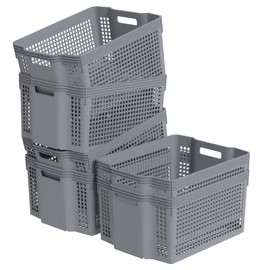 Afromy Large Plastic Stackable Basket Bins, Stackable Plastic Storage Baskets for Pantry, 6 Pack, Grey