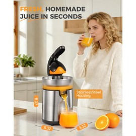 Amzpass Electric Orange Juicer, Citrus Juicer Squeezer with 2 Interchangeable Cones, 160W Electric Juicer Machine with Stainless Steel Body & Transparent Juice Collector for Lime Grapefruit Lemon