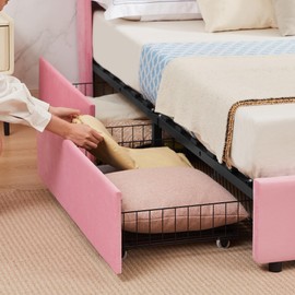 VECELO Upholstered Platform Full Bed Frame with 4 Drawers&Wave Fabric Headboard,Wooden Slats Support/No Box Spring Needed/Mattress Foundation,Pink