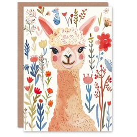 Artery8 Greeting Card Cute Happy Alpaca Bright Floral Watercolour For Child Kids Birthday Card