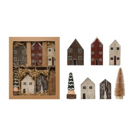 Creative Co-Op Hand-Painted Pine Wood House Village with Sisal and Pine Wood Trees, Multicolor