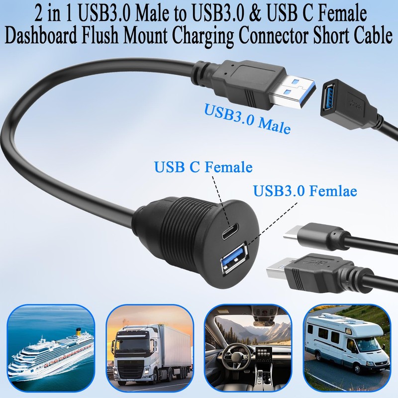 QIANRENON 2-in-1 USB3.0 to USB3.0 & USB C Threaded Fixed