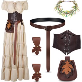 IDEWEI 7 Pcs Renaissance Costume Women-3 Minute Quick Ren Faire Costume with Renaissance Dress Corset Belt Flower Crown Headband Leather Skirt Hikes Leaf Belt Bag-Ren Faire/Medieval Accessories(S)