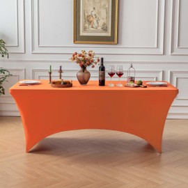 FOLINS&HOME Orange 6FT Fitted Spandex Tablecloth, Waterproof Wrinkle Free Washable Elastic Table Cover for 6 Foot Rectangle Folding Tables, Stretch Table Cloth for Wedding, Banquet, Party