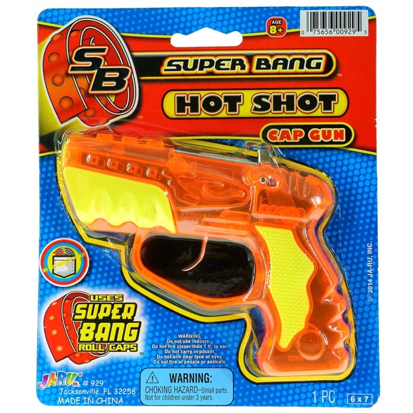 Super Bang Small Cap Guns Hot Shot (1 Toy Guns) by JA-RU. Fake Guns for Boys Kids Plastic Pistol Toy. Costume and Play Prop Toys Shooter Games. Party Favors Stocking Stuffers Goodie Bags. 929-1A