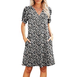 RUMIA V-Neck Summer Tropical Sundress for Women- Ruched Short Sleeve Floral Casual Dress with Pockets for Hawaiian Vacation
