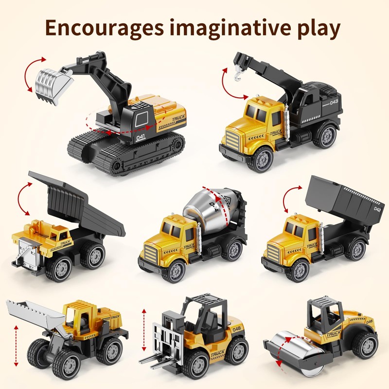 HONGTUO Alloy Mini Construction Vehicles, 8Pcs Die-cast Construction Toys Set,