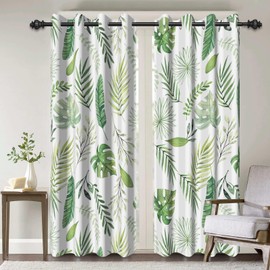 Green Blackout Curtains for Bedroom, Leaf Print Boho Window Curtains 84 Inches Length 2 Panels Set Noise Reducing Thermal Insulated Window Drapes for Living Room,52" W x 84" L