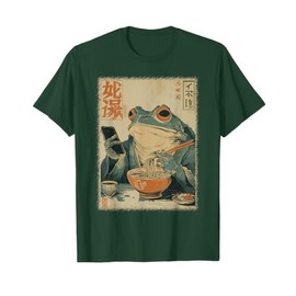 Funny Grumpy Frog Eat Ramen and Scroll Phone Japanese Art T-Shirt