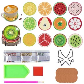 Oaygat 12 Pcs Diamond Art Coasters Diamond Painting Coasters Kit with Holder Fruit Drinks Coaster with Cork Colorful DIY Cup Coaster Round Full Drill Diamonds Art Kit Craft for Adults Kids,Beginners