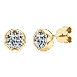 DYUNQ 925 Sterling Silver Round Moissanite Stud Earrings for Women & Men, D Color VVS1, Hypoallergenic Bezel Set, 14K Gold Plated, Imitation Diamond Gifts, Medium, Sterling Silver, Moissanite