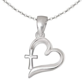 CLEVER SCHMUCK Necklace Cross in Heart 12 mm Simple & Fine Anchor Chain 40 cm for Children First Communion Confirmation 925 Sterling Silver in Jewellery Case, Sterling Silver