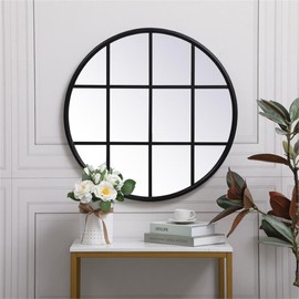 Allora 28" Round Mid Century Metal Windowpane Frame Clear Mirror in Black