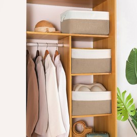 Storage Bins with Sturdy Cotton Handles(1 Pack), Fabric Storage Baskets for Organizing use for Office & Home, Book, Clothes, Toys, Closet Boxes (Large, Beige-White, 15.7x11.8x7.9 inches)