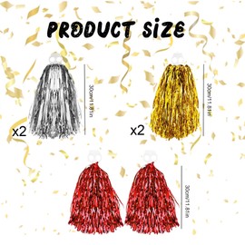 YUZHEDM Pack of 6 Cheerleader Pompoms, Includes Gold, Silver and Red, Pompoms Cheerleading, Pom Poms Cheerleading, Suitable for Competitions, Theatre Performances, Birthday Parties, Festivals