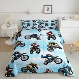 Erosebridal Dirt Bike Bedding Set Twin Size, Extreme Sport Comforter Set for Kids Boys Teens, Motorbike Sport Quilted Comforter Motocross Rider Bedding Comforters 2 Pieces with 1 Pillow Case, Blue